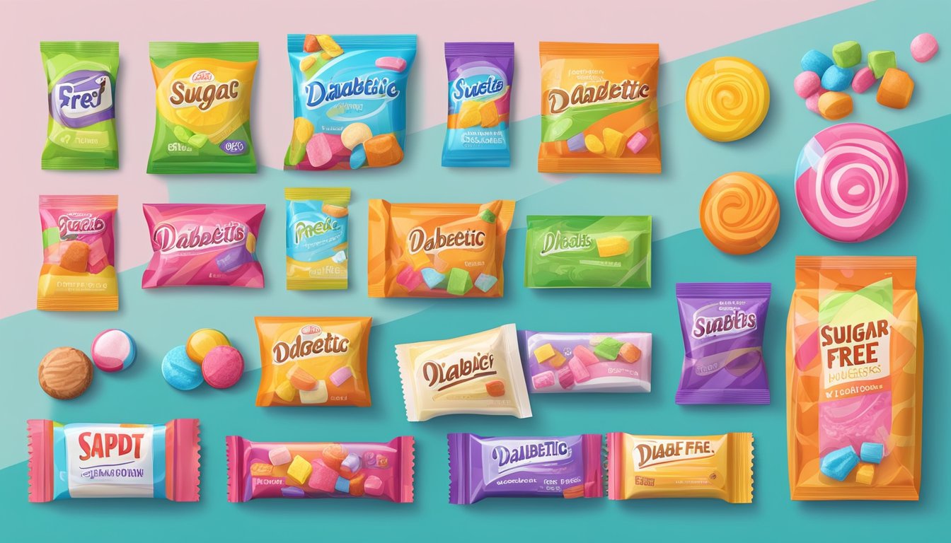 A colorful assortment of sugar-free candies arranged on a table, with various shapes and flavors, surrounded by vibrant packaging and a "diabetic-friendly" label