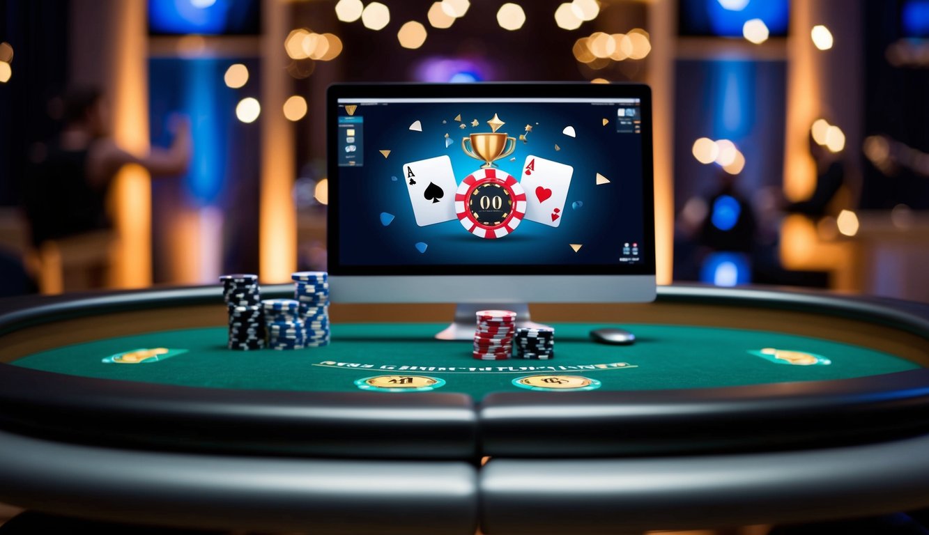 Sebuah meja poker dengan kartu dan chip virtual, layar komputer yang menampilkan tangan kemenangan, dan suasana merayakan