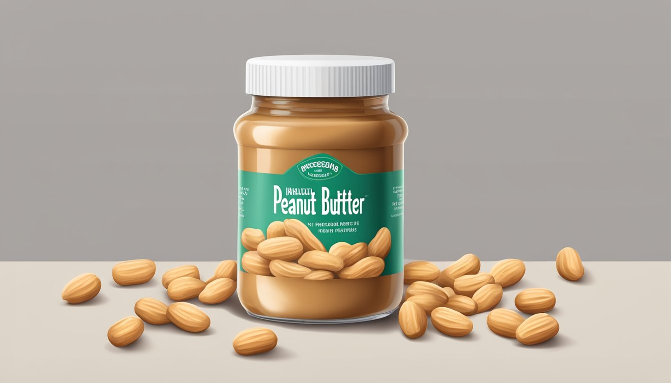 A jar of sugar-free peanut butter surrounded by peanuts and a diabetic-friendly label