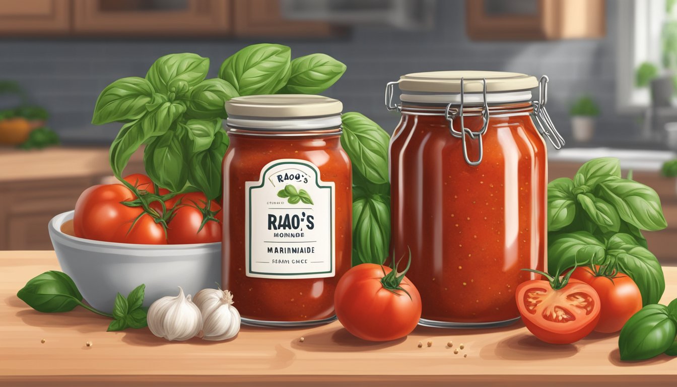 A jar of Rao's Homemade Marinara Sauce surrounded by fresh tomatoes, basil, and garlic cloves on a kitchen counter