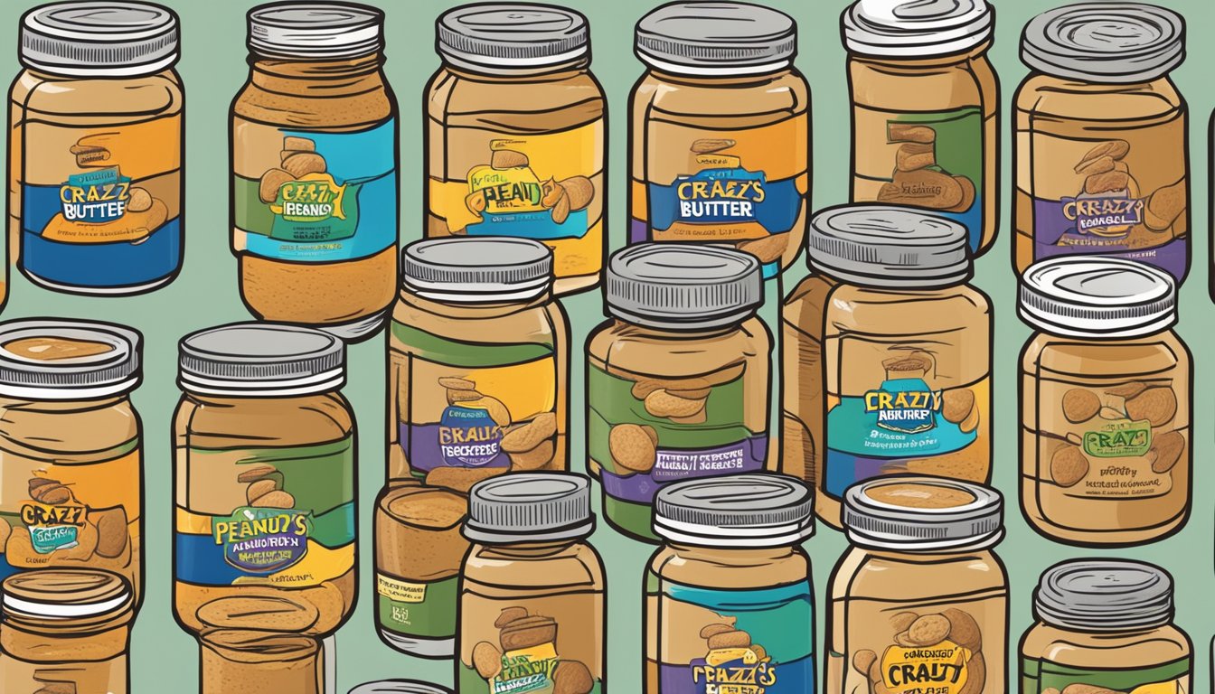 A jar of Crazy Richard's 100% Peanuts Peanut Butter surrounded by 8 different sugar-free peanut butter jars, all labeled as the best for diabetics