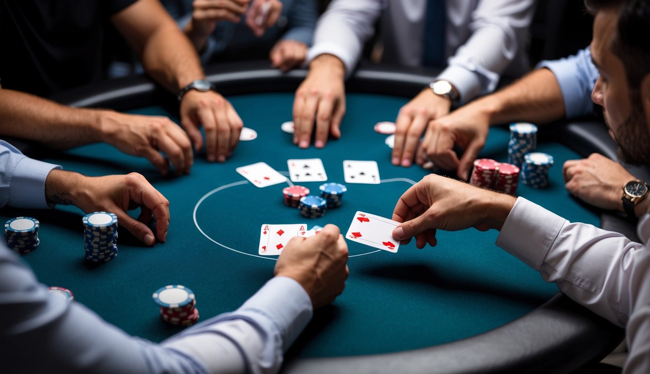 Sebuah meja poker dengan kartu dan chip, dikelilingi oleh pemain dalam permainan yang tegang