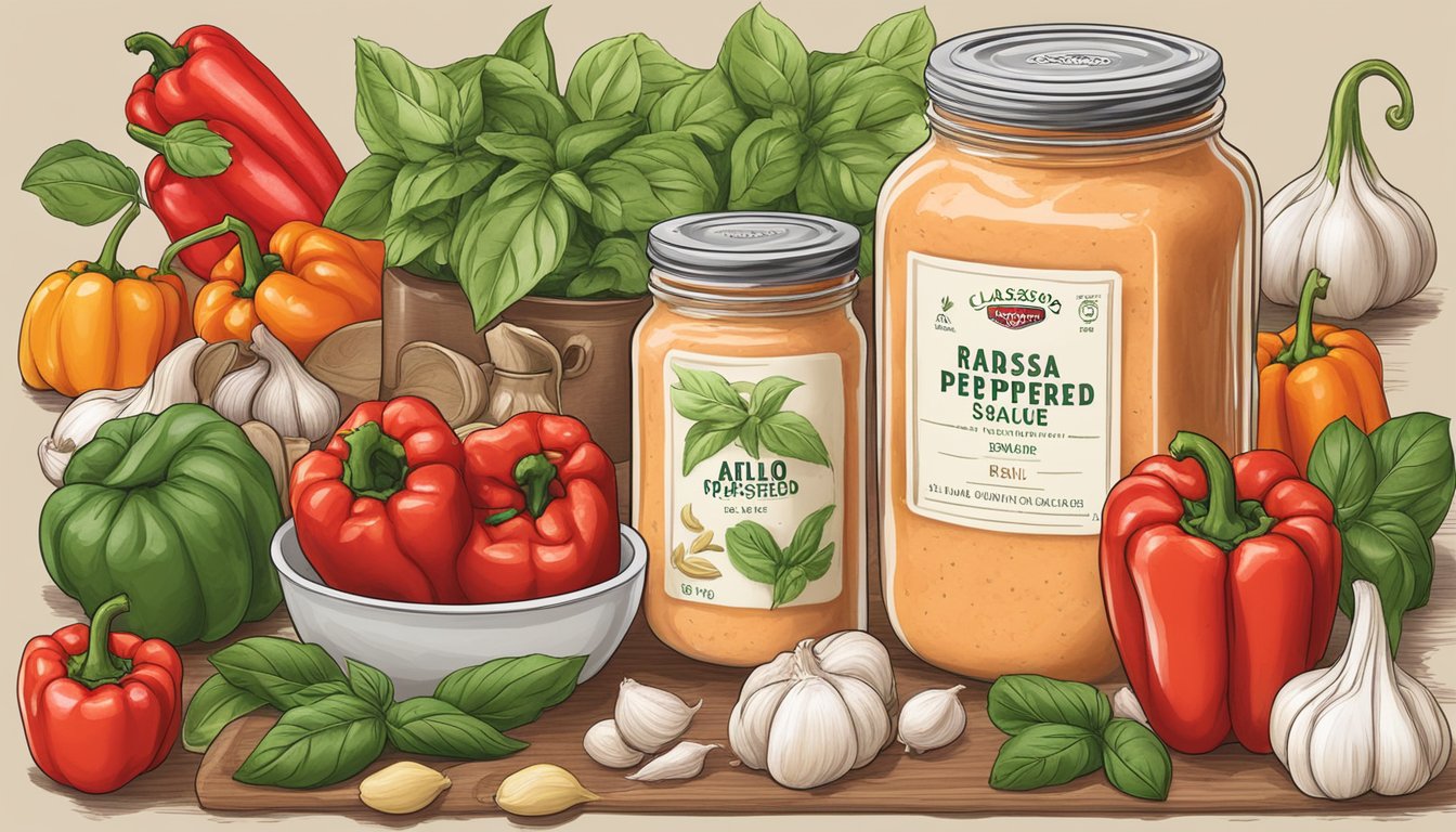 A jar of Classico Roasted Red Pepper Alfredo Sauce surrounded by fresh ingredients like red peppers, garlic, and basil