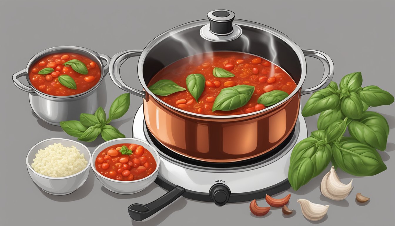 A steaming pot of marinara sauce simmers on a stovetop, surrounded by fresh basil, garlic cloves, and ripe tomatoes