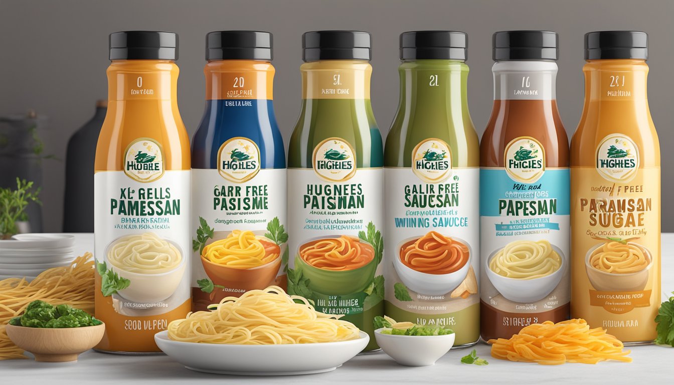 A bottle of G Hughes Sugar-Free Garlic Parmesan Wing Sauce surrounded by six different low-carb pasta sauces, all arranged on a table