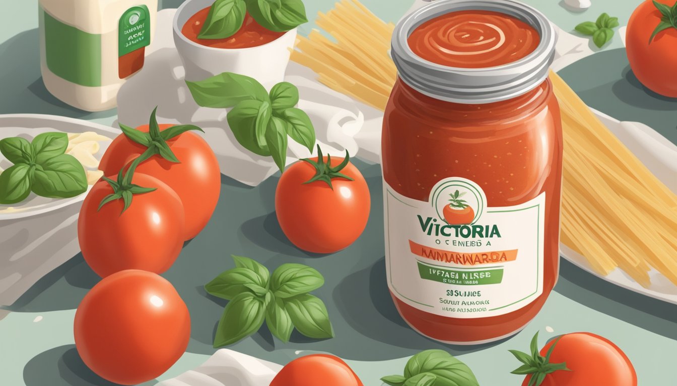 A jar of Victoria White Linen Marinara Sauce surrounded by fresh tomatoes, basil, and other low-carb pasta sauces on a kitchen counter