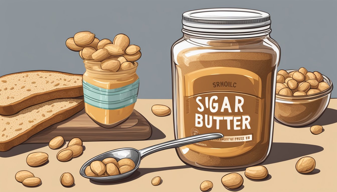 A jar of sugar-free peanut butter surrounded by peanuts, a measuring spoon, and a stack of whole grain bread slices