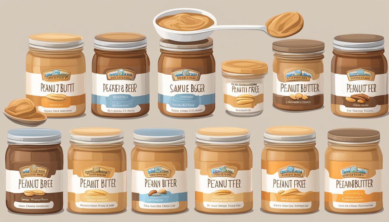 A table with 8 jars of sugar-free peanut butter, each labeled with a different brand. A spoon is placed next to each jar for sampling