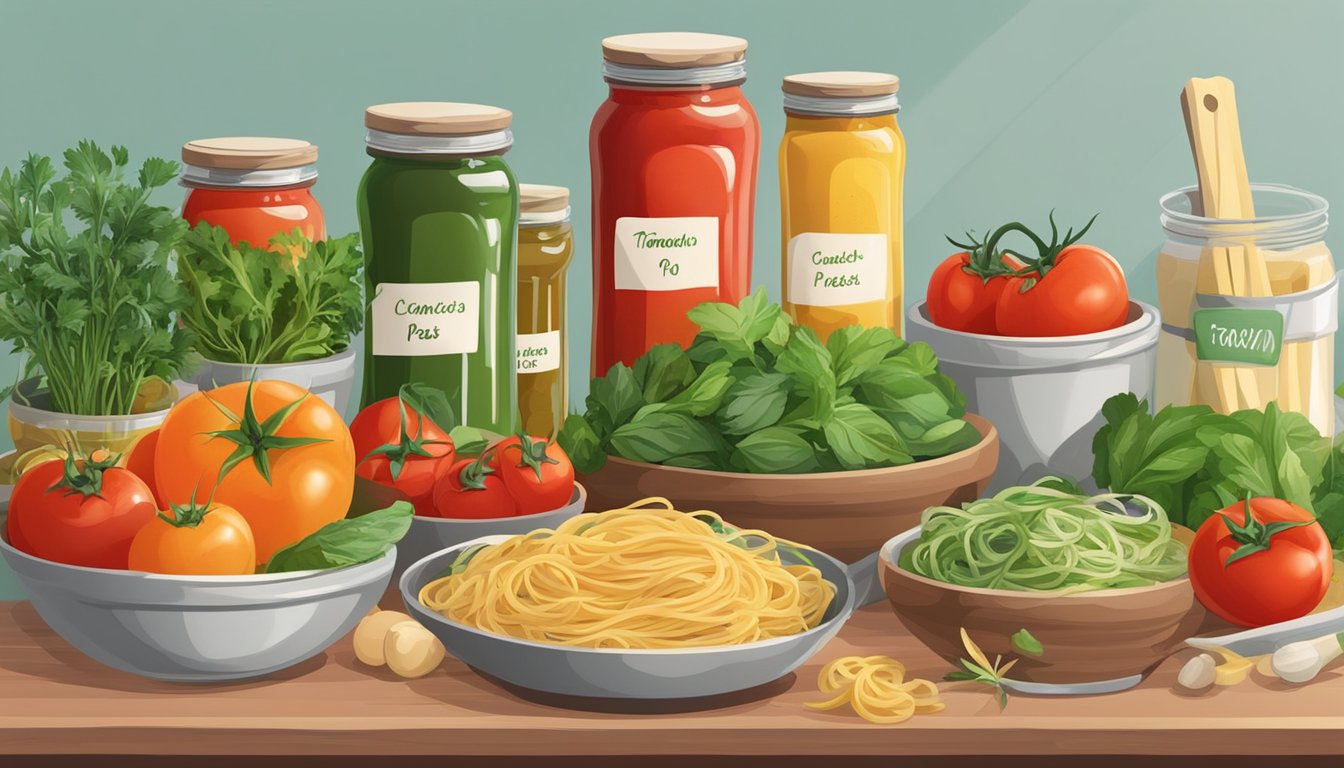 A table with various ingredients such as tomatoes, herbs, and vegetables, alongside jars of low-carb pasta sauces