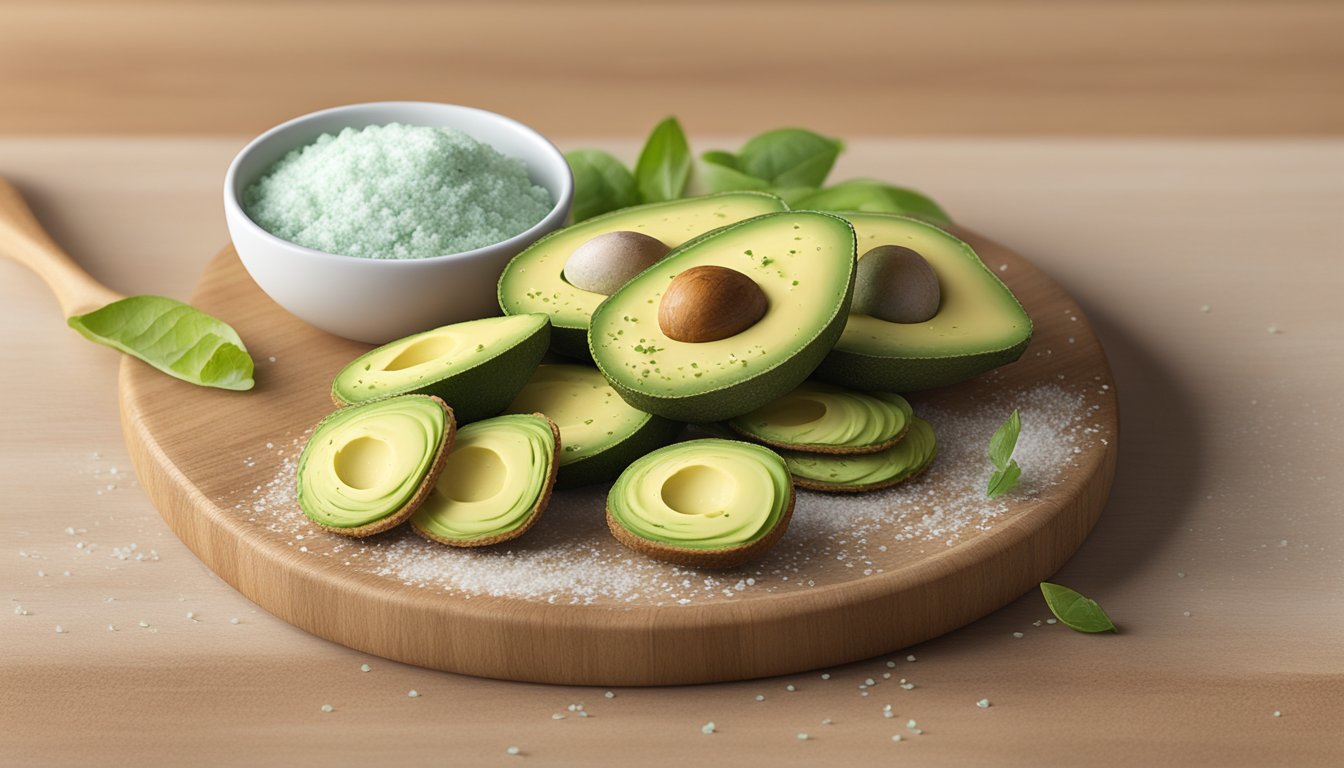 A plate of Avocado Sea Salt Crackers by Mary's Gone Crackers arranged on a wooden cutting board with a sprinkle of sea salt