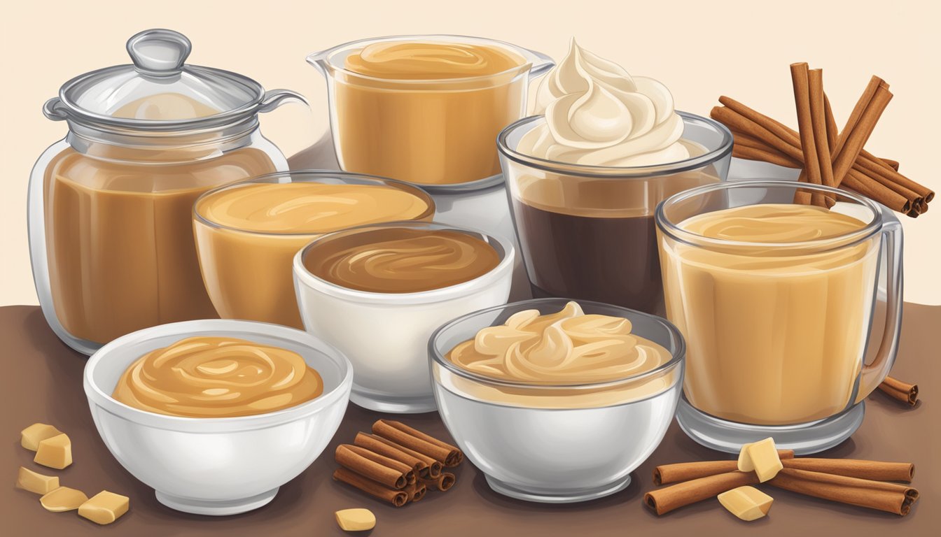 A table with five bowls of butterscotch pudding, each labeled "Royal Sugar-Free Butterscotch Pudding," surrounded by various ingredients like vanilla beans and cinnamon sticks