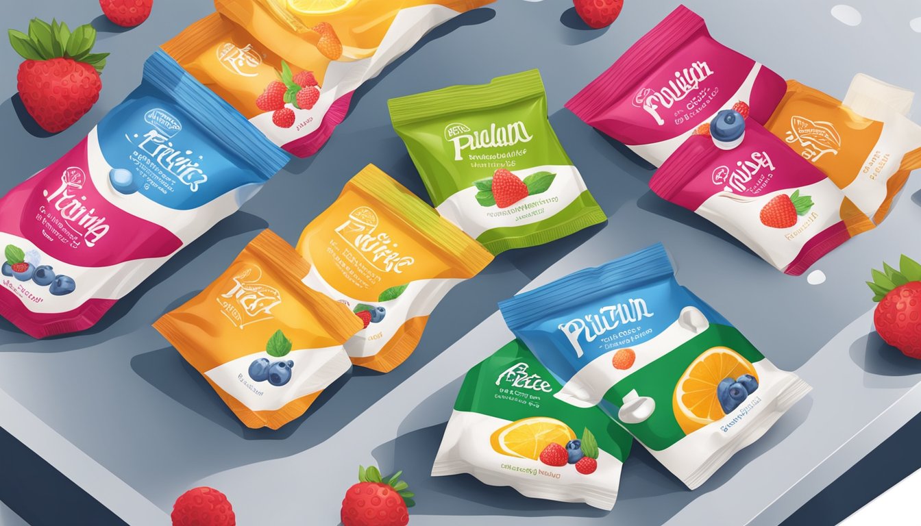 A variety of colorful, sugar-free pudding packets arranged on a kitchen counter, with a bowl of fresh berries nearby