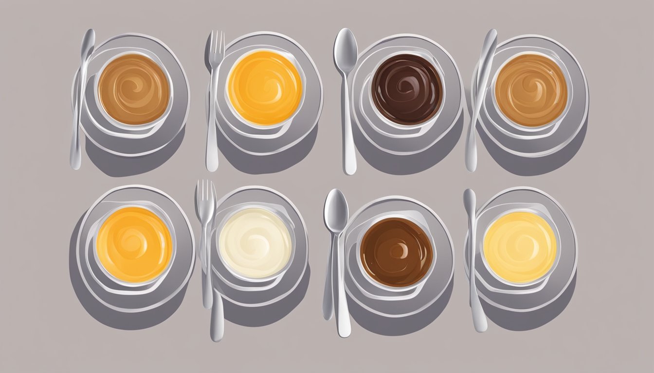 A table with five different bowls of pudding, each labeled with a different flavor and ingredients. The bowls are arranged neatly with spoons next to them, ready for tasting