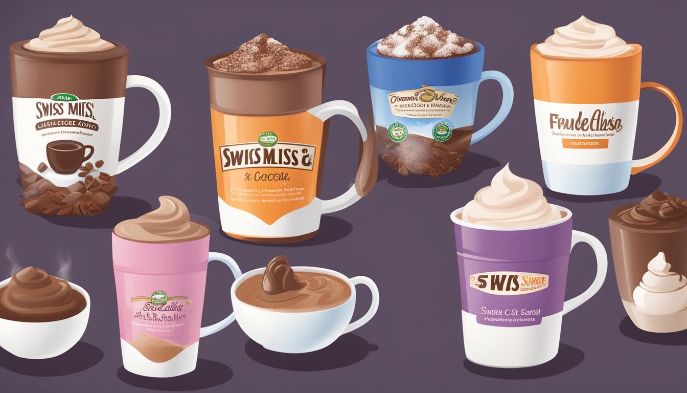 A steaming mug of Swiss Miss No Sugar Added Hot Cocoa Mix surrounded by five other diabetic-friendly hot chocolate mixes