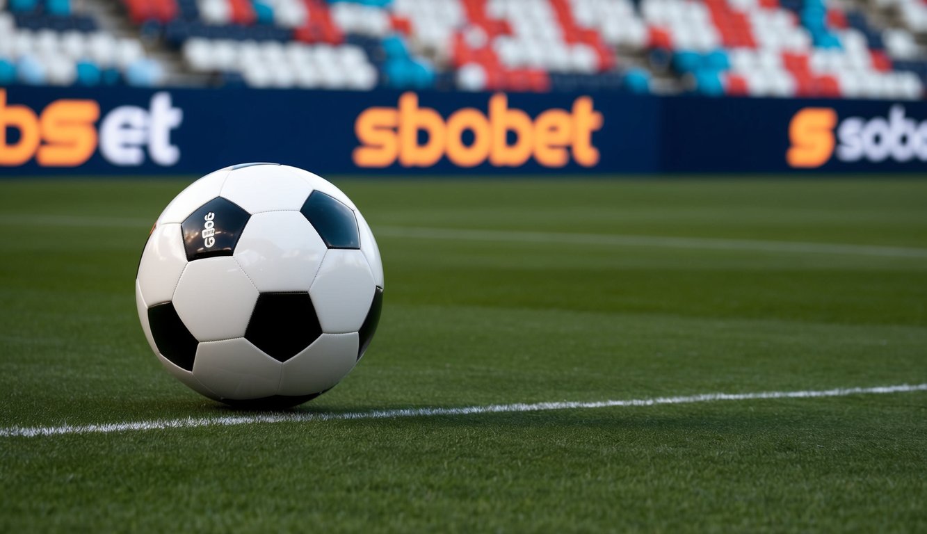 Sebuah bola sepak yang bergulir di lapangan dengan logo SBObet yang ditampilkan dengan jelas di pinggir lapangan