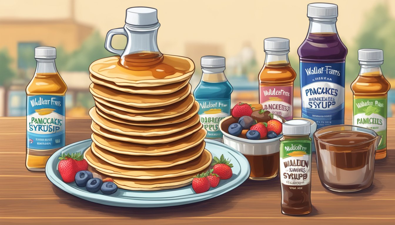 A stack of pancakes with Walden Farms Pancake Syrup poured over them, surrounded by five other sugar-free pancake syrups, all labeled for diabetics