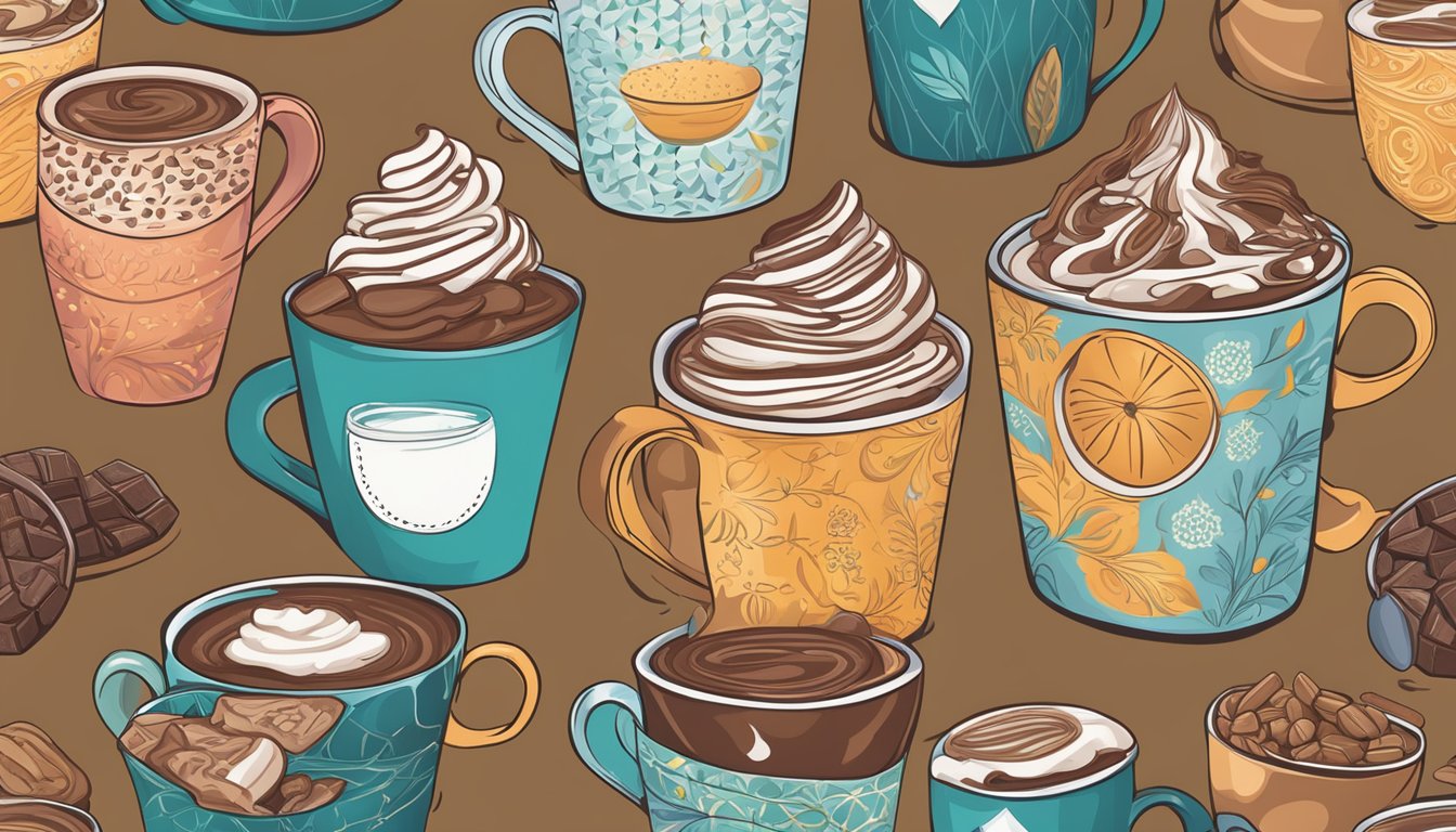 A steaming mug of sugar-free hot chocolate surrounded by a variety of diabetic-friendly cocoa mixes in vibrant packaging