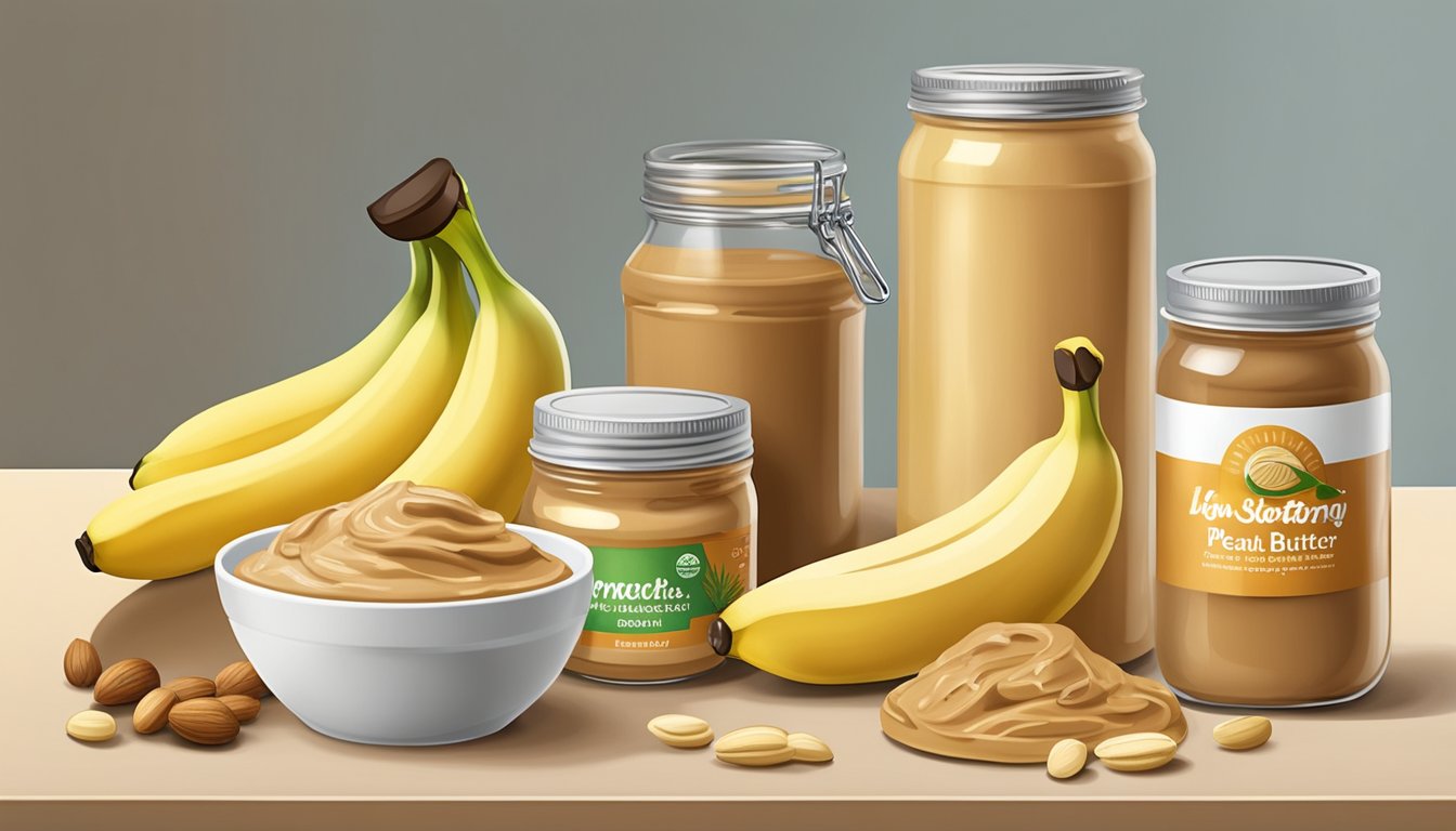 A ripe banana, jar of creamy peanut butter, and a selection of low-sugar ingredients arranged on a kitchen counter