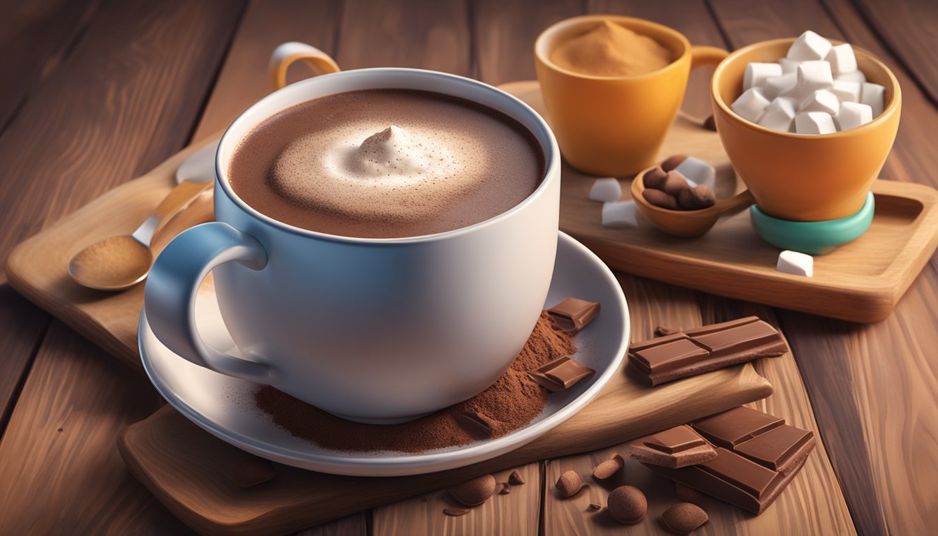 A steaming mug of hot chocolate mix sits on a rustic wooden table, surrounded by ingredients like cocoa powder and a spoon