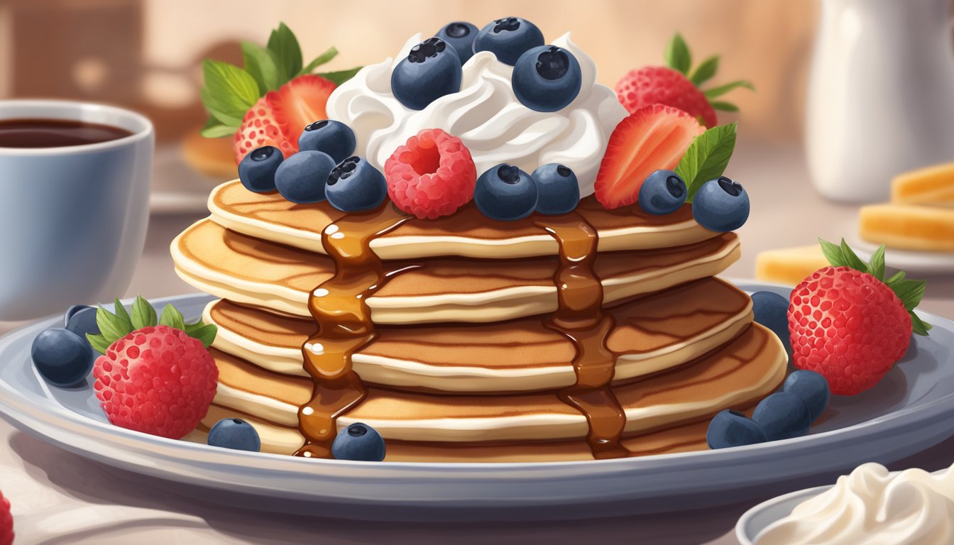 A stack of fluffy pancakes topped with Cary's Sugar Free Syrup, surrounded by fresh berries and a dollop of whipped cream