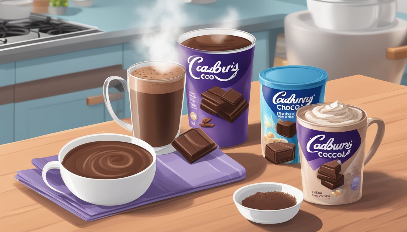 A steaming mug of Cadbury's Cocoa Unsweetened Drinking Chocolate surrounded by a selection of diabetic-friendly hot chocolate mixes on a kitchen counter