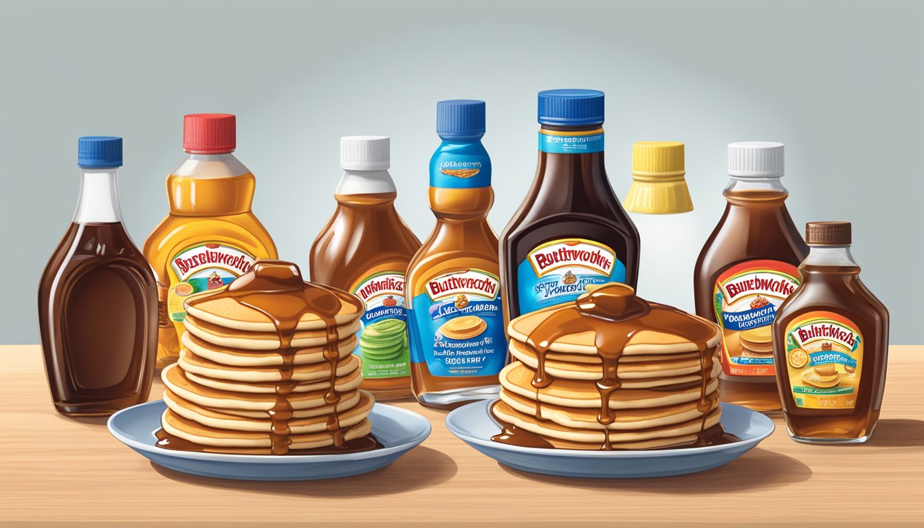 A stack of pancakes with Mrs. Butterworth's Sugar Free Syrup pouring over them, surrounded by five other bottles of sugar-free pancake syrup