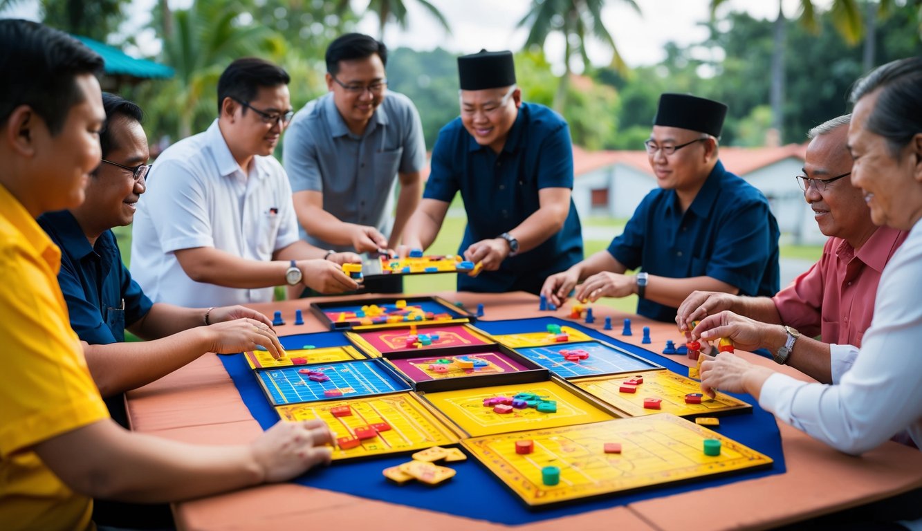 Sekelompok orang bermain permainan tradisional Indonesia di lingkungan terbuka, dengan papan permainan dan potongan berwarna-warni yang tersebar di atas meja