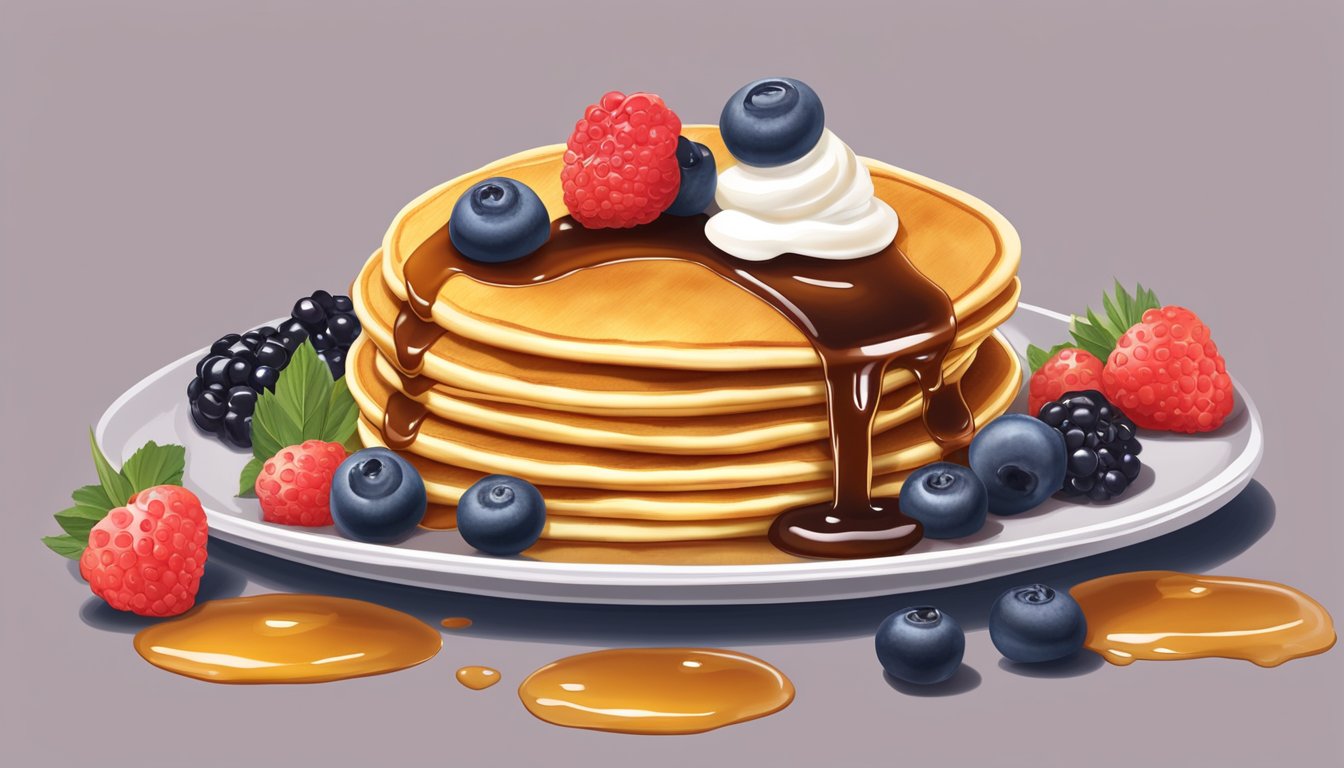 A stack of golden pancakes with syrup pouring over them, surrounded by fresh berries and a dollop of whipped cream on the side