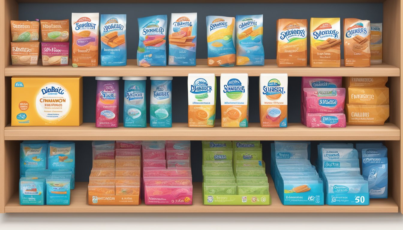 A colorful display of Xyloburst Cinnamon Gum and five other sugar-free gum options arranged on a shelf, with a "diabetic-friendly" label