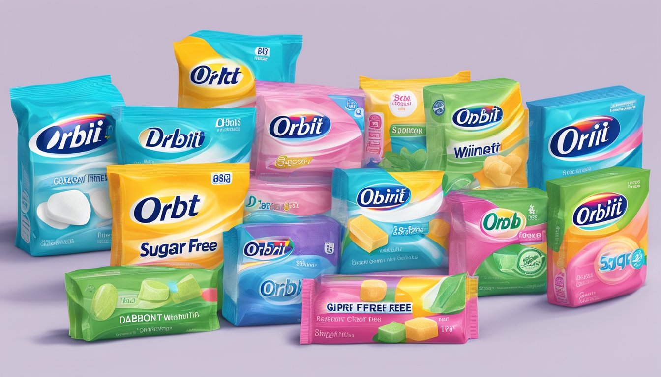 A colorful display of Orbit Wintermint Sugar-Free Gum, surrounded by 5 other best sugar-free gum options for diabetics