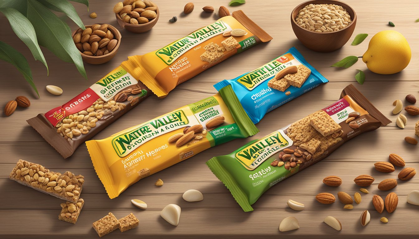 A variety of Nature Valley Protein Chewy Bars and other low-carb cereal bars arranged on a wooden table, surrounded by natural elements such as nuts, seeds, and fruits