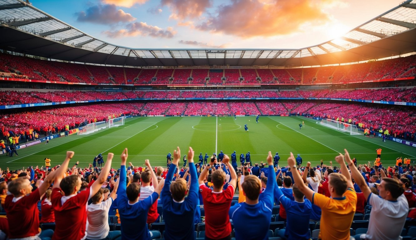 Sebuah stadion olahraga yang ramai dengan penggemar yang bersorak dan pemain yang beraksi