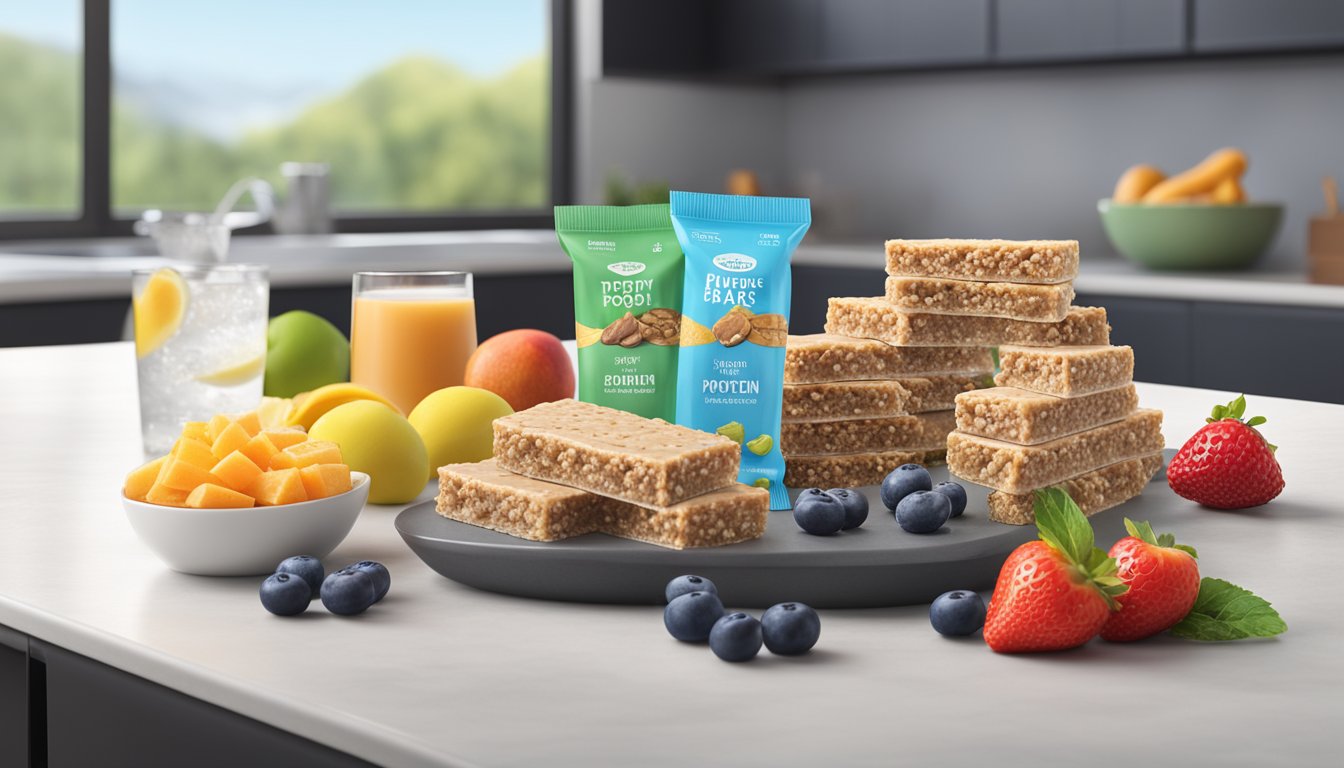 A variety of ThinSlim Foods Protein Bars arranged on a sleek, modern countertop with a backdrop of fresh, colorful fruits and a glass of water