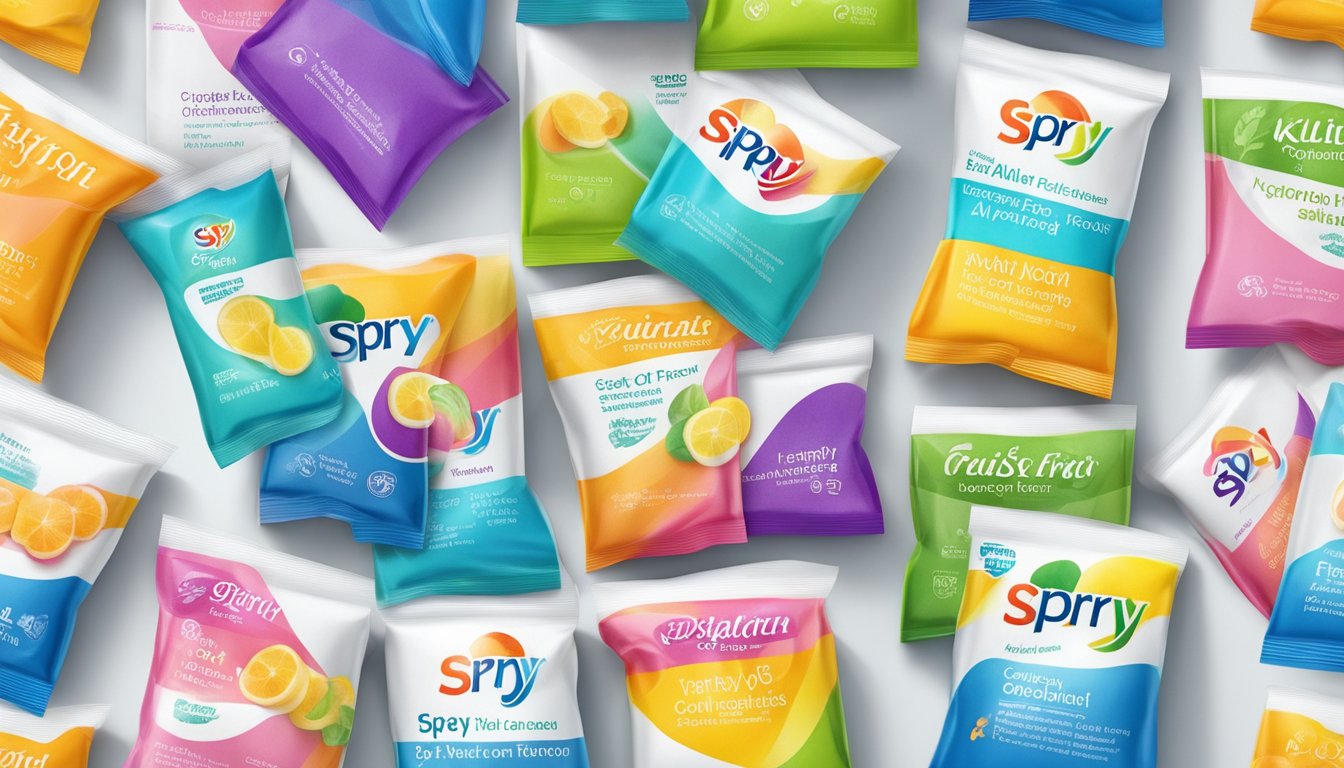 A variety of colorful packs of Spry Fresh Natural Xylitol Gum arranged on a clean, white surface