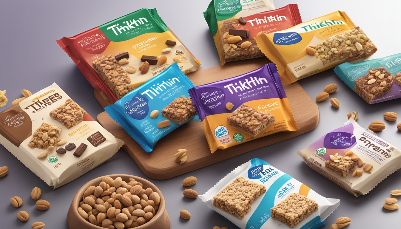 A variety of thinkThin Protein & Fiber Nut Bars arranged on a countertop, with a selection of low-carb cereal bars for diabetics displayed in the background