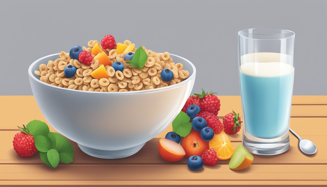 A bowl of Kashi GOLEAN Original cereal surrounded by colorful fruits and a glass of milk on a wooden breakfast table