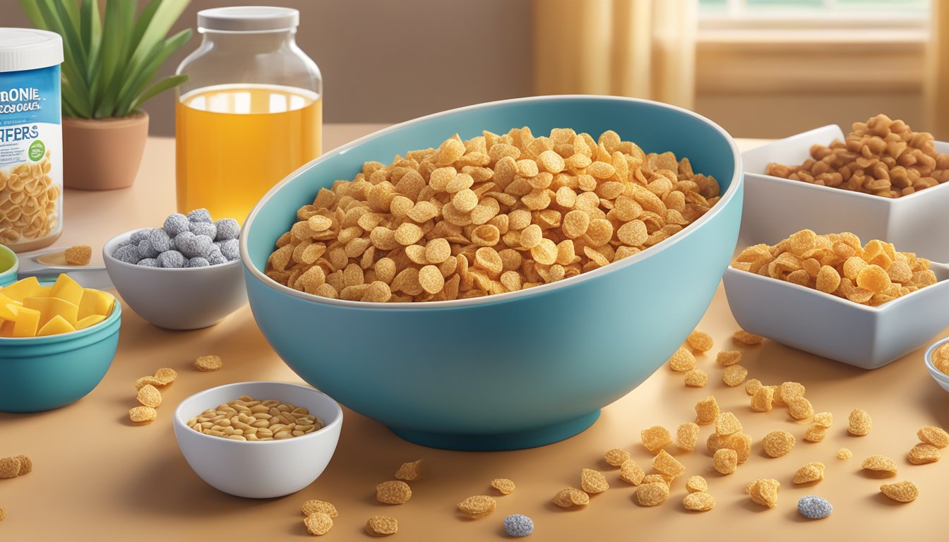 A bowl of Fiber One Honey Clusters cereal sits on a table, surrounded by a variety of low-glycemic index breakfast cereals