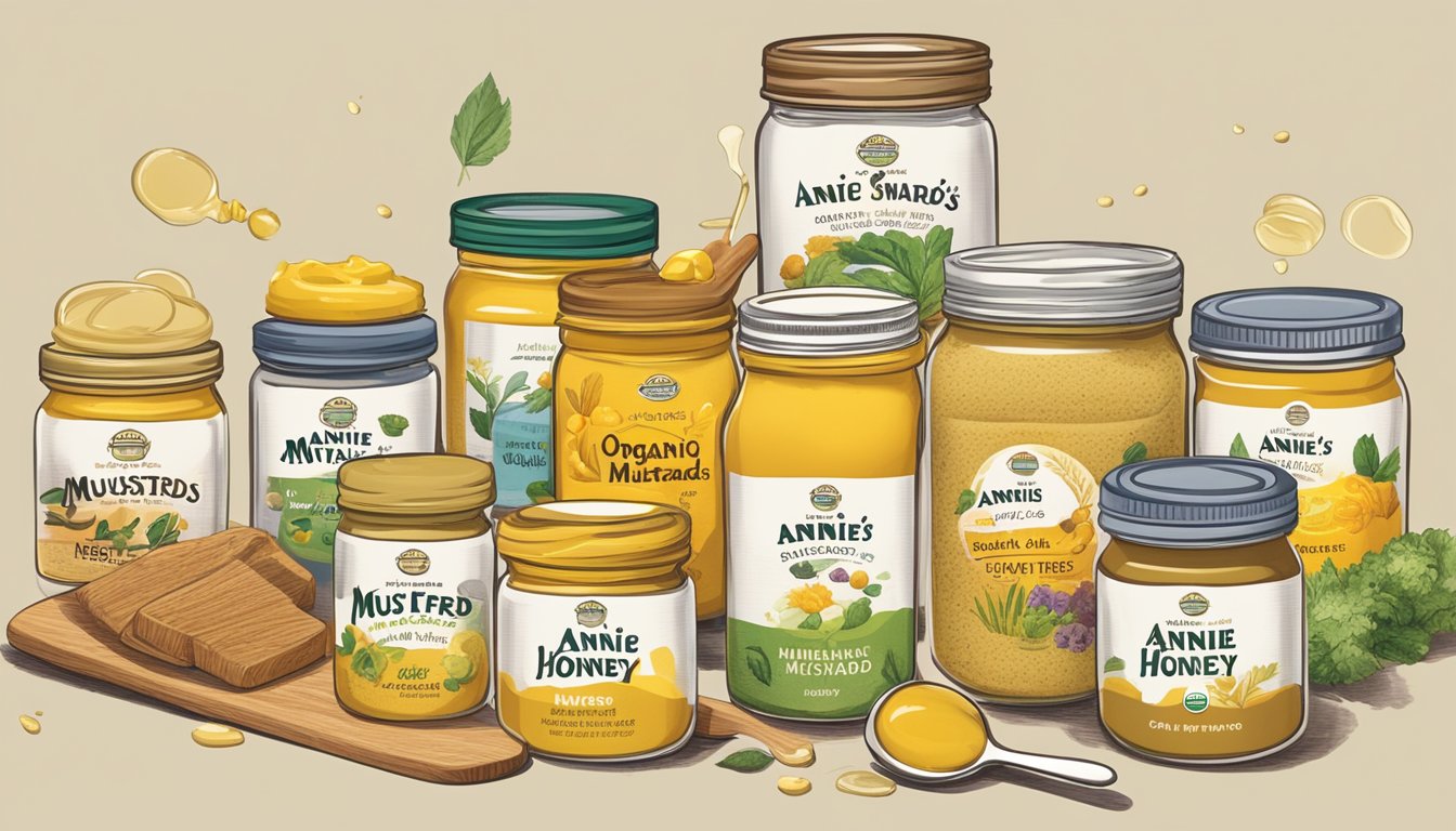 A table with jars of Annie's Organic Honey Mustard and 5 other sugar-free mustards arranged neatly, with a variety of colorful and fresh ingredients scattered around them