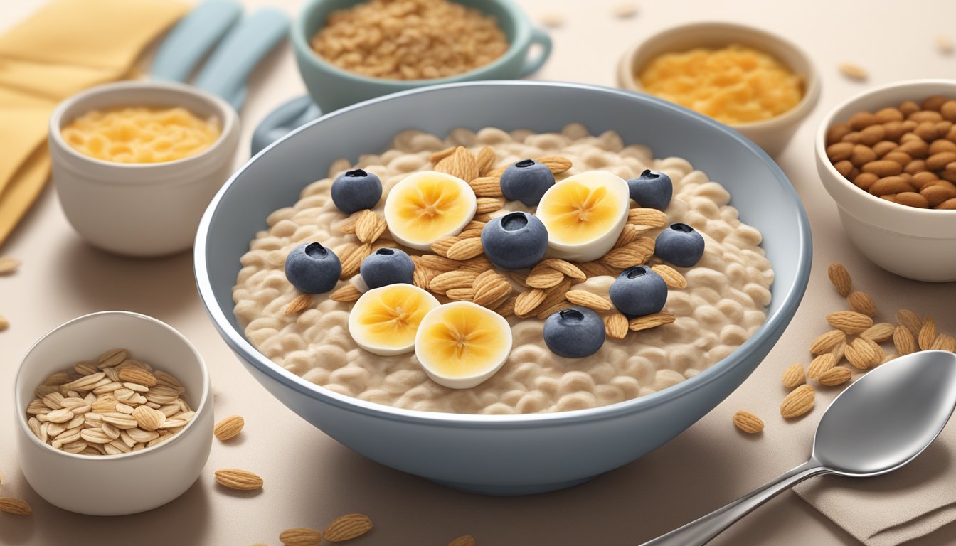 A bowl of Nature's Path Oatmeal surrounded by a variety of low-glycemic index breakfast cereals, with a spoon resting on the side