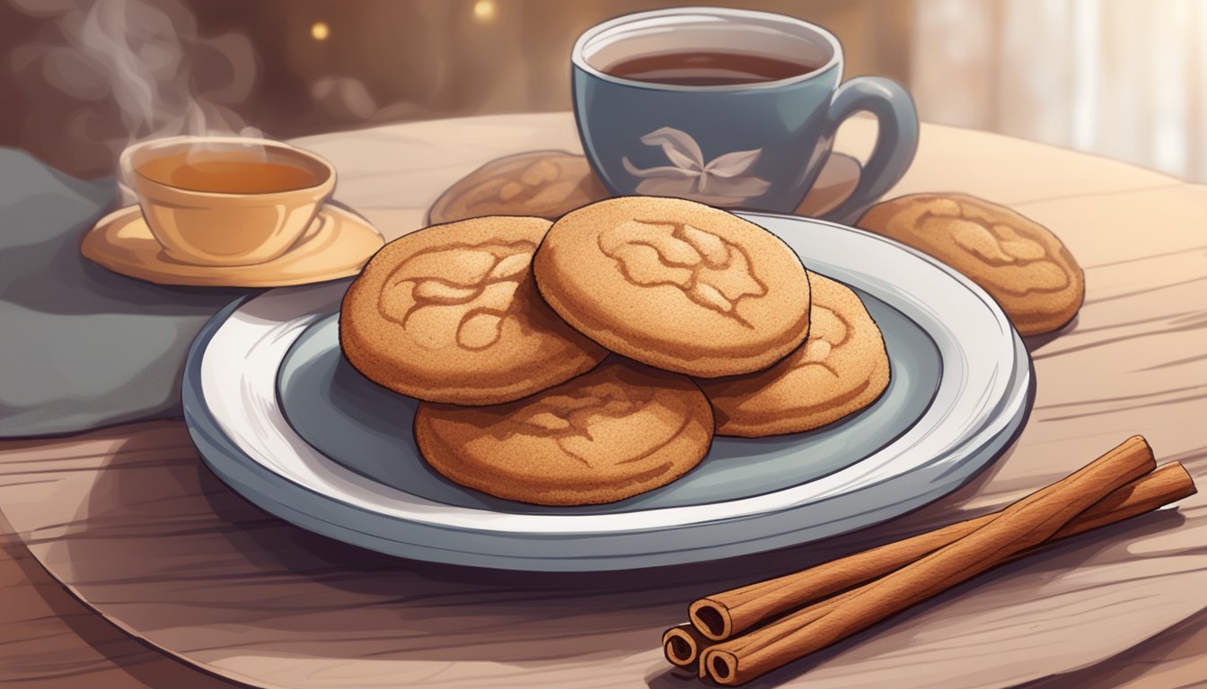 A plate of sugar-free snickerdoodle cookies surrounded by cinnamon sticks and a steaming cup of tea on a cozy table