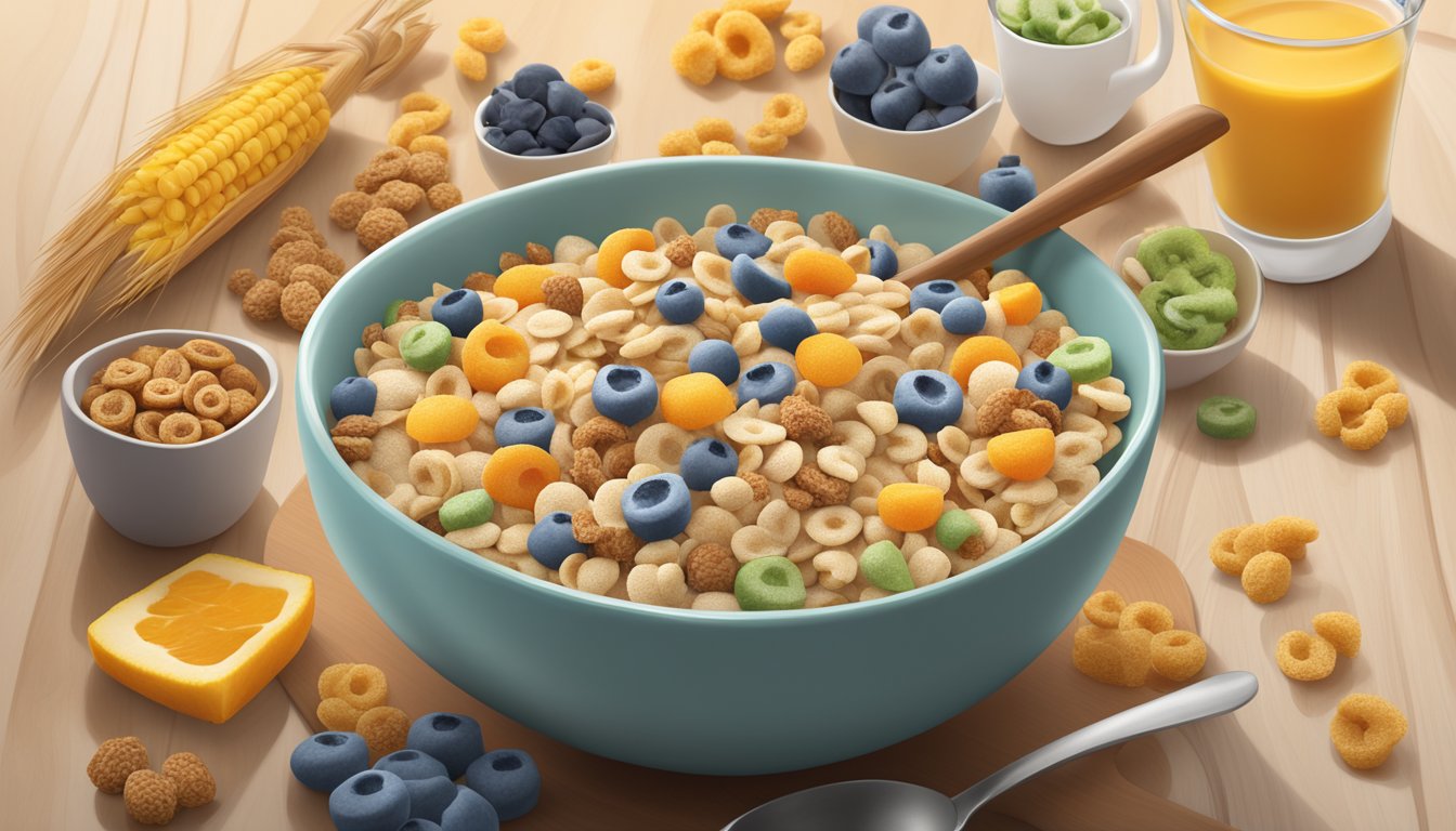 A bowl of Cascadian Farm Organic Purely O's cereal surrounded by a variety of low-glycemic index breakfast cereals, with a spoon resting on the side