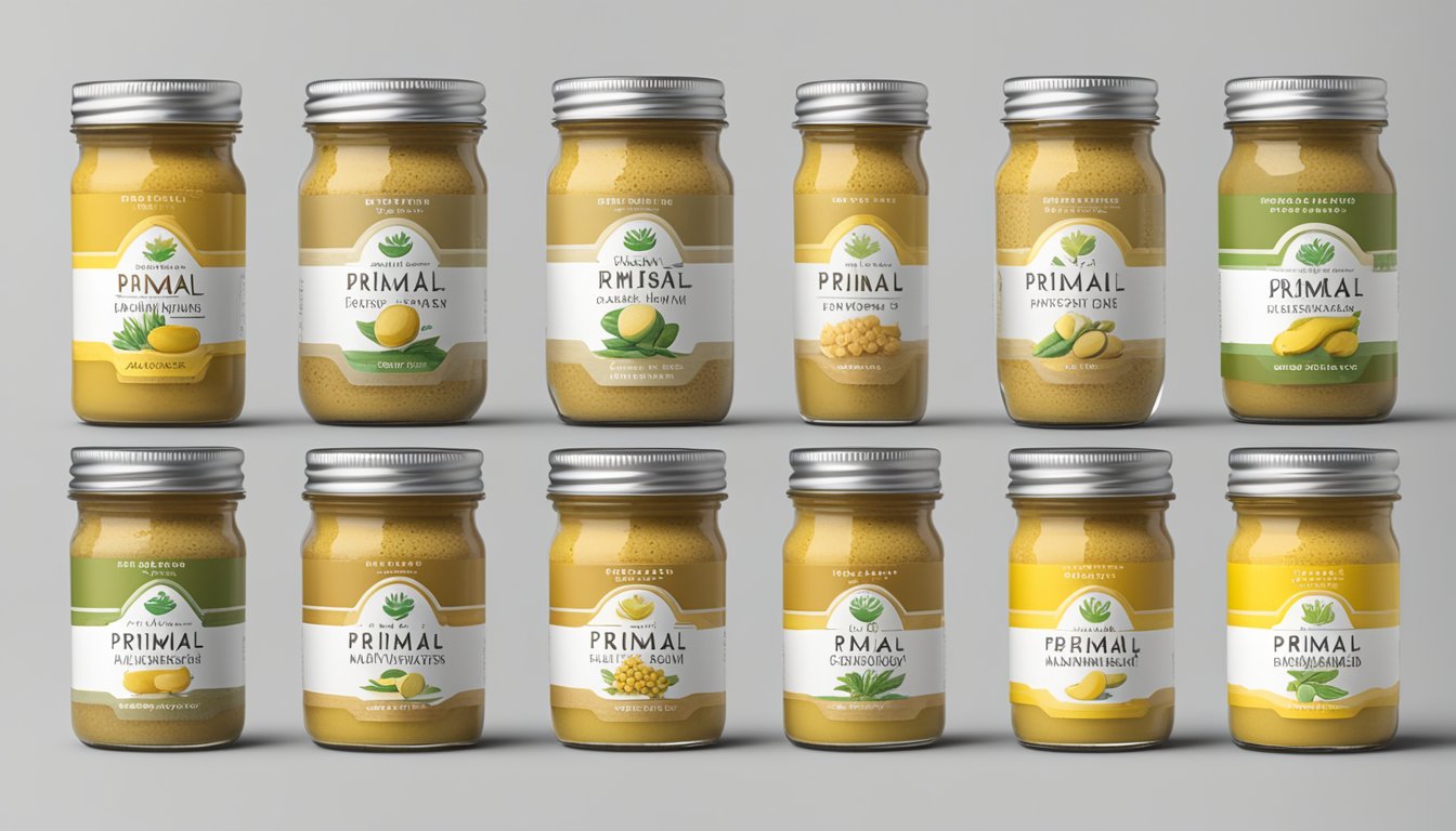 A jar of Primal Kitchen Organic Dijon Mustard surrounded by five other sugar-free mustard jars, with a focus on the Primal Kitchen label