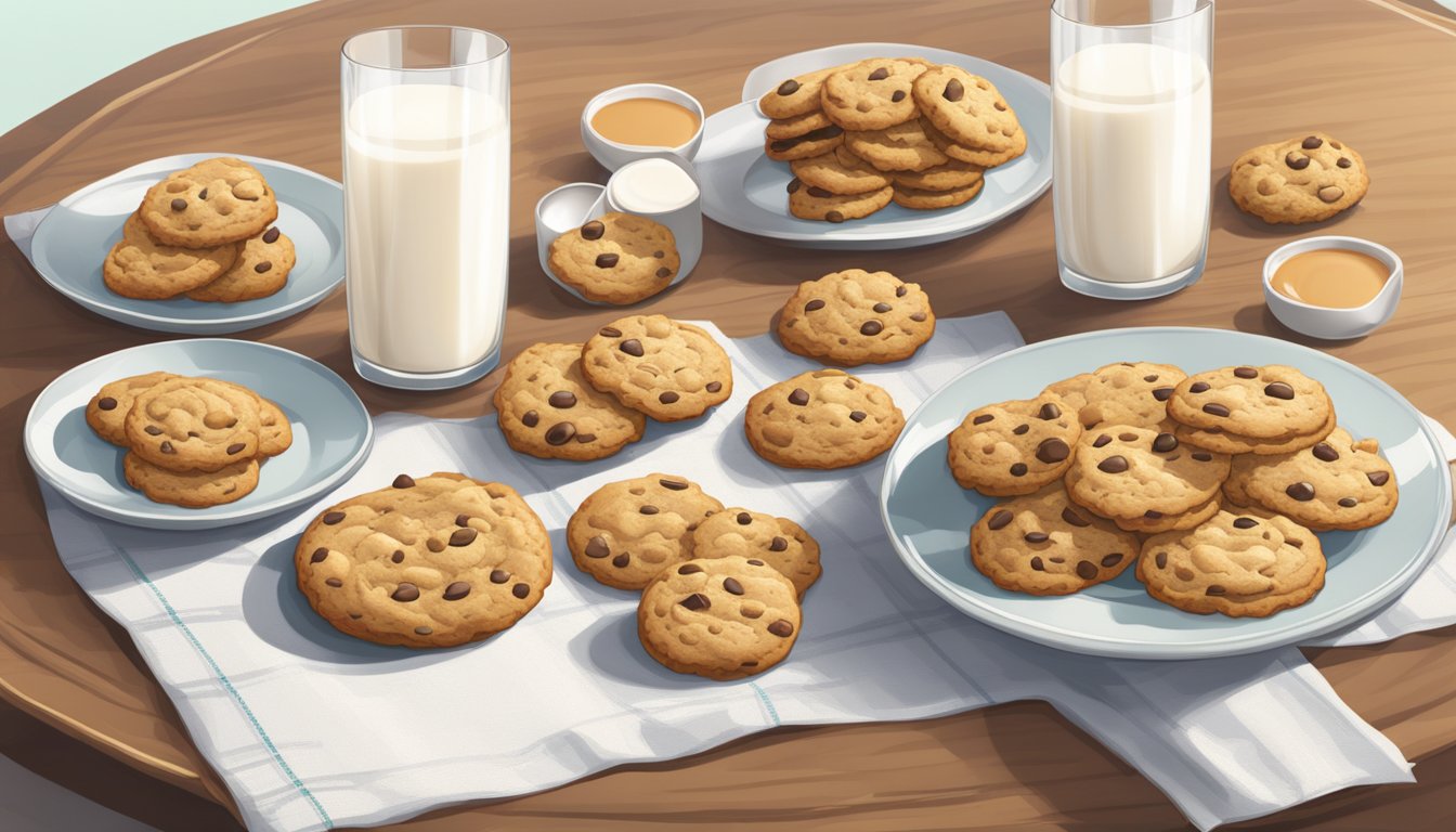 A table with 5 different types of cookies arranged neatly on a plate, with a glass of milk on the side