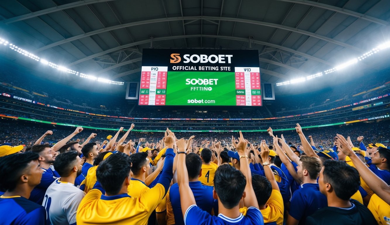 Sebuah stadion olahraga yang ramai dengan penggemar yang bersorak dan papan skor yang menunjukkan peluang tinggi untuk menang di situs taruhan resmi SBObet