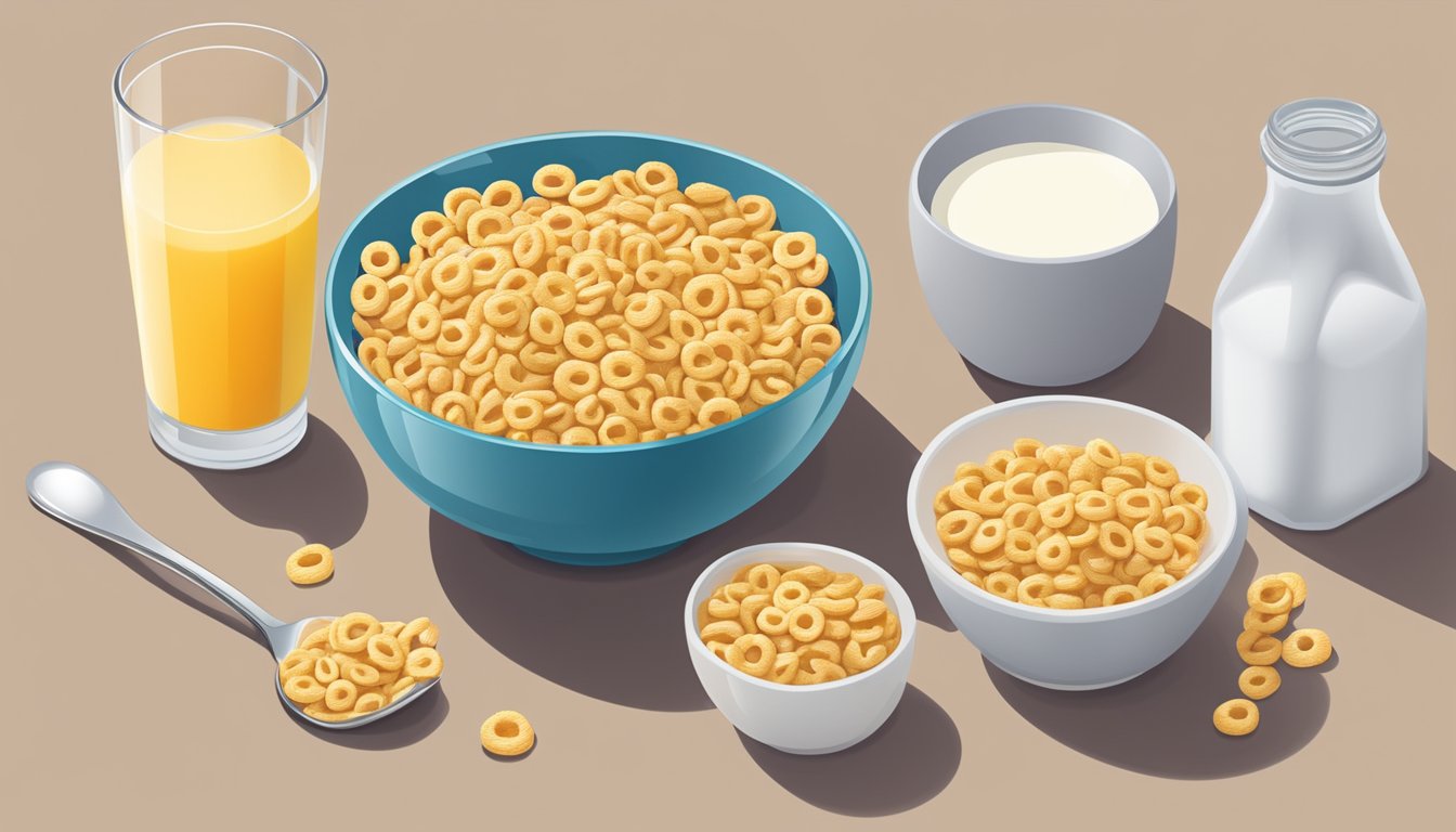 A bowl of Cheerios surrounded by 8 other low-glycemic index breakfast cereals, displayed on a table with a spoon and milk