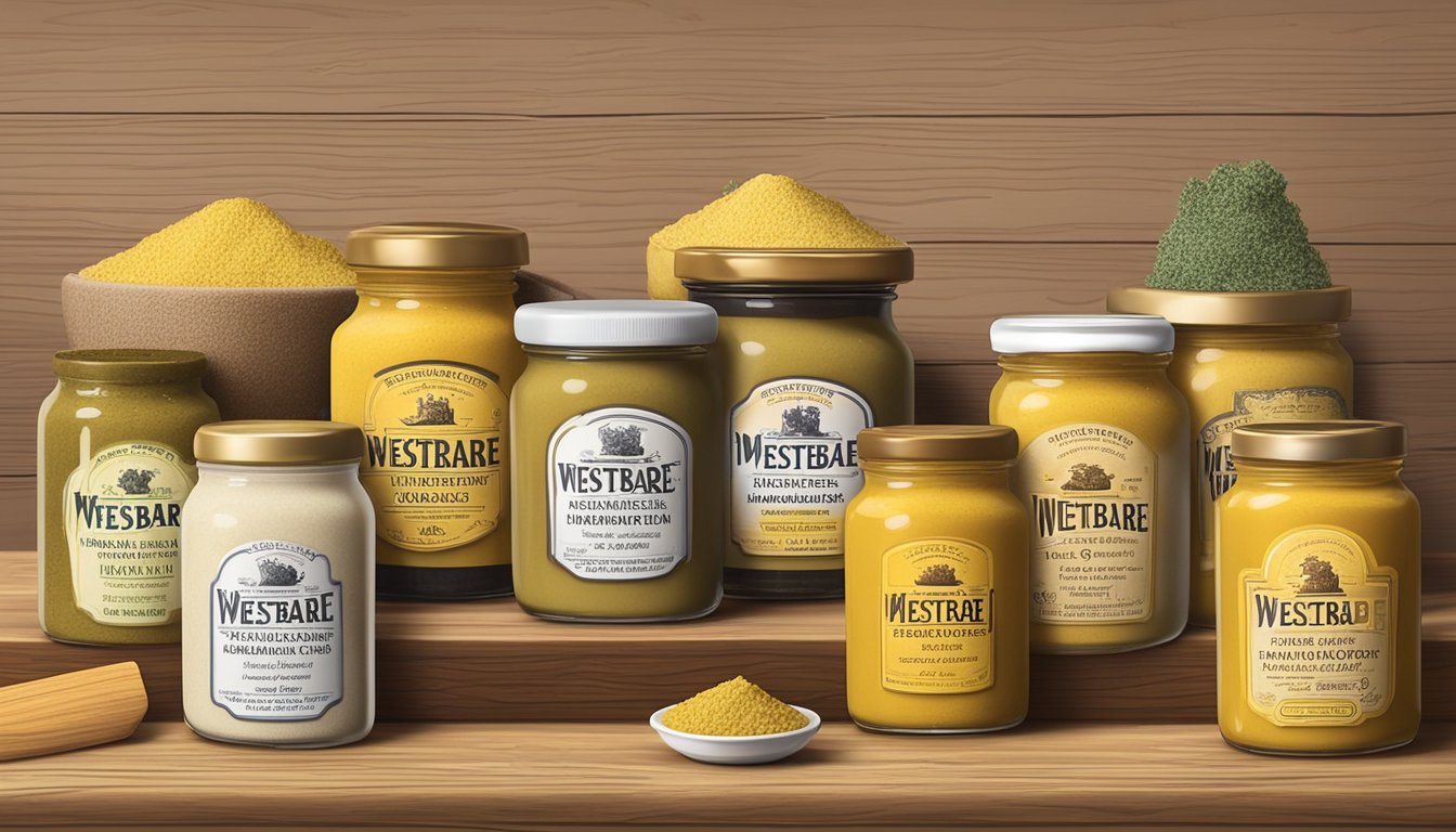 A jar of Westbrae Natural Stoneground Mustard surrounded by five other jars of sugar-free mustard varieties on a wooden table