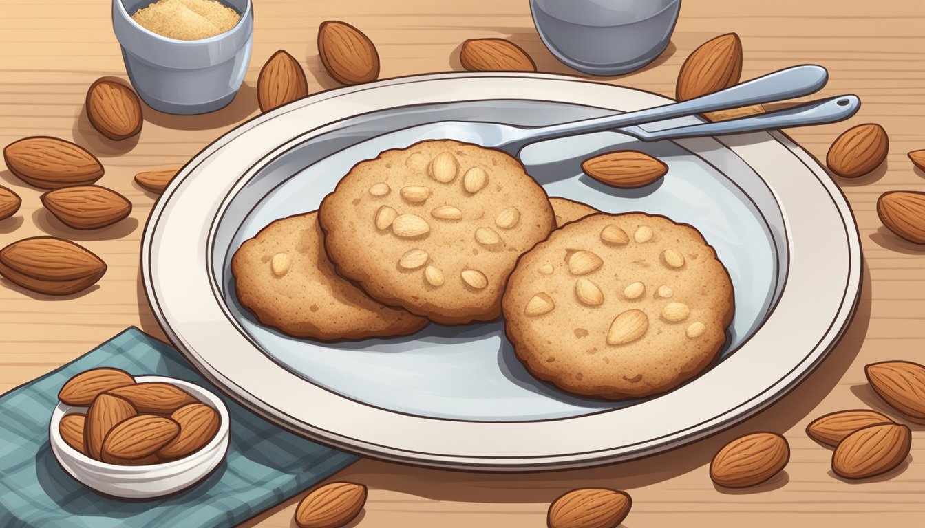 A plate of almond flour cookies surrounded by fresh almonds and a sugar substitute, with a diabetic-friendly label