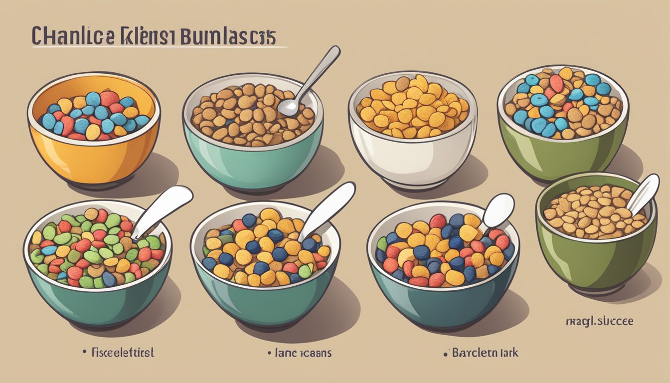 A table with 9 bowls of breakfast cereal, each labeled with the name of a low-glycemic index cereal, and a spoon beside each bowl