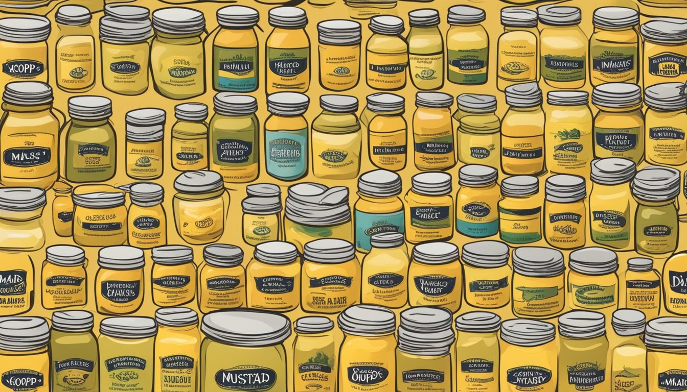 A jar of Koop's Mustard Stone Ground surrounded by 6 different types of mustard, all labeled as sugar-free, with a focus on the diabetic-friendly aspect