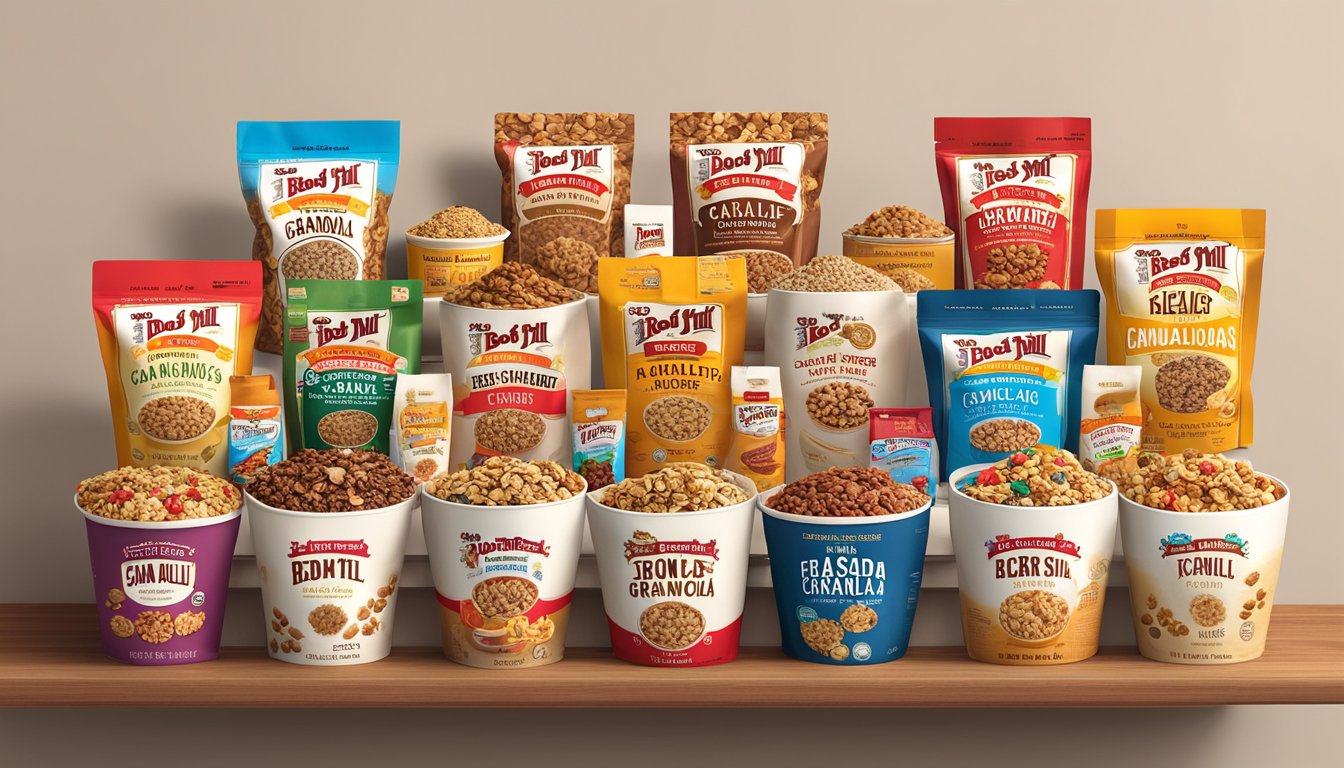 A bowl of Bob's Red Mill Classic Granola surrounded by 8 other low-glycemic index breakfast cereals, arranged in a neat and appealing display